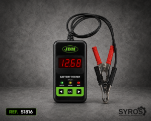 Comprobador digital de baterías de 12V para diagnóstico del estado de baterías de vehículos.