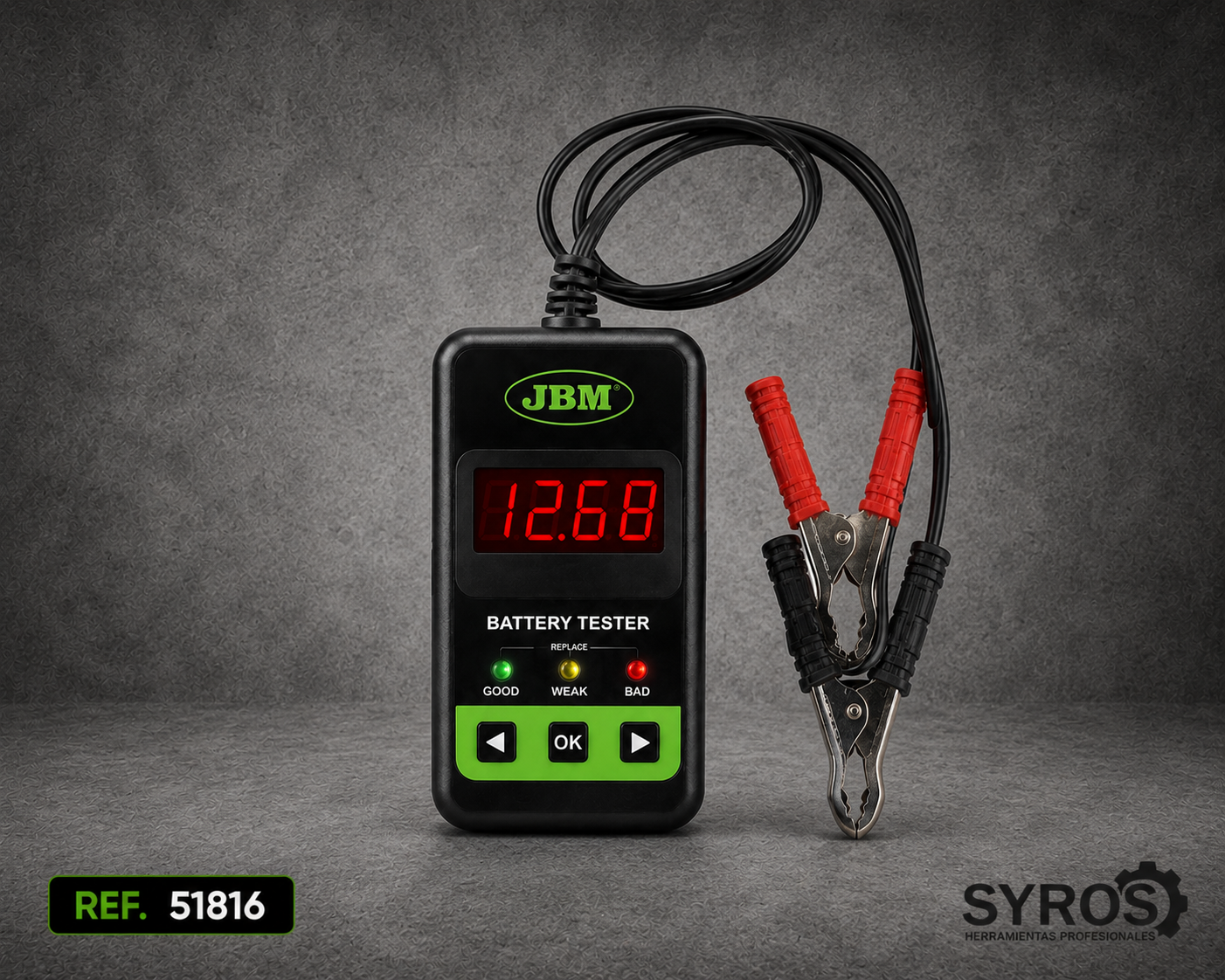 Comprobador digital de baterías de 12V para diagnóstico del estado de baterías de vehículos.