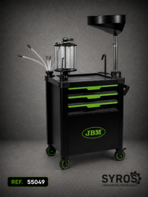 Máquina neumática para cambio de aceite con depósito de recuperación y carro móvil para talleres de automoción.