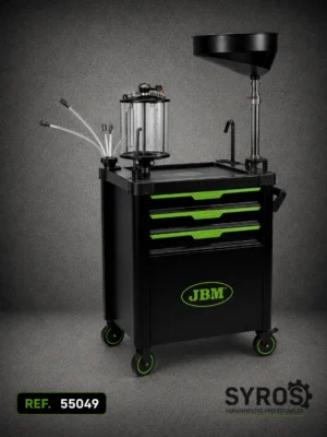 Máquina neumática para cambio de aceite con depósito de recuperación y carro móvil para talleres de automoción.