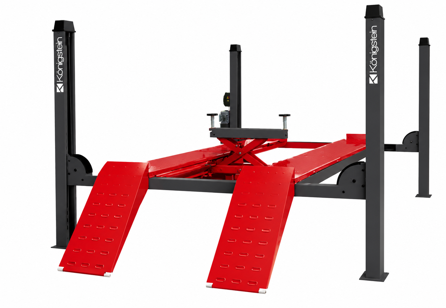 Elevador electrohidráulico de 4 columnas con plataforma de 4.600 mm y 4.000 kg de capacidad.