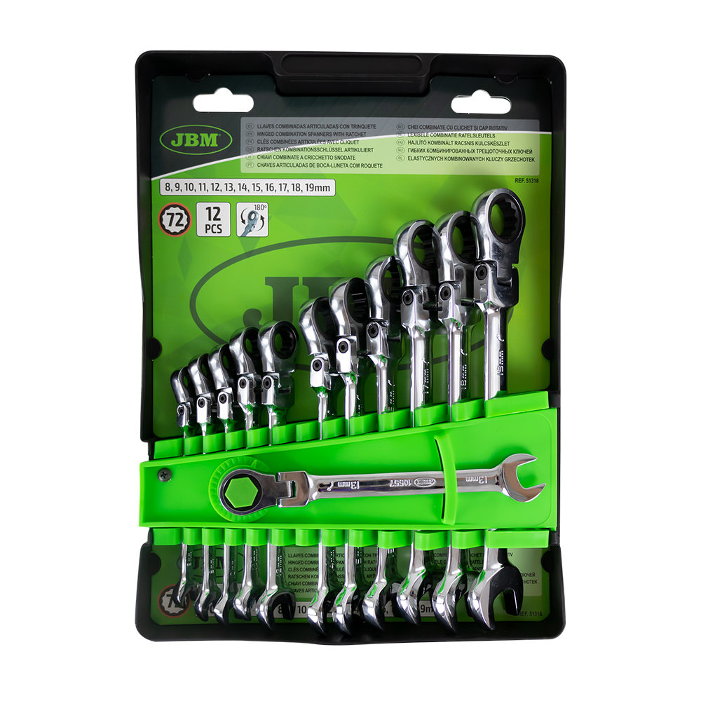 Set de 12 llaves combinadas articuladas con trinquete JBM