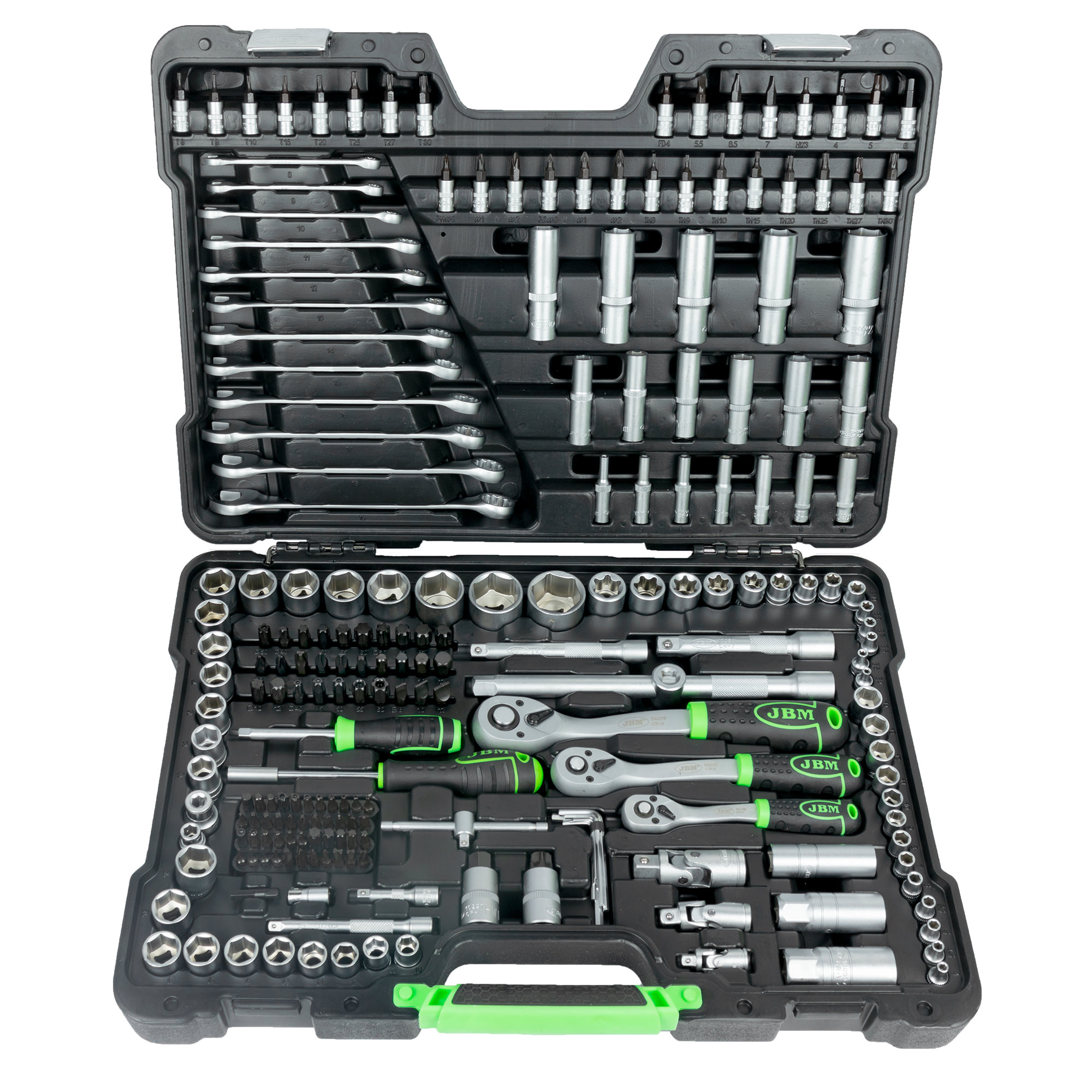 Maletín de herramientas JBM de 216 piezas con vasos hexagonales de 1/4", 3/8" y 1/2" en maletín cincado.
