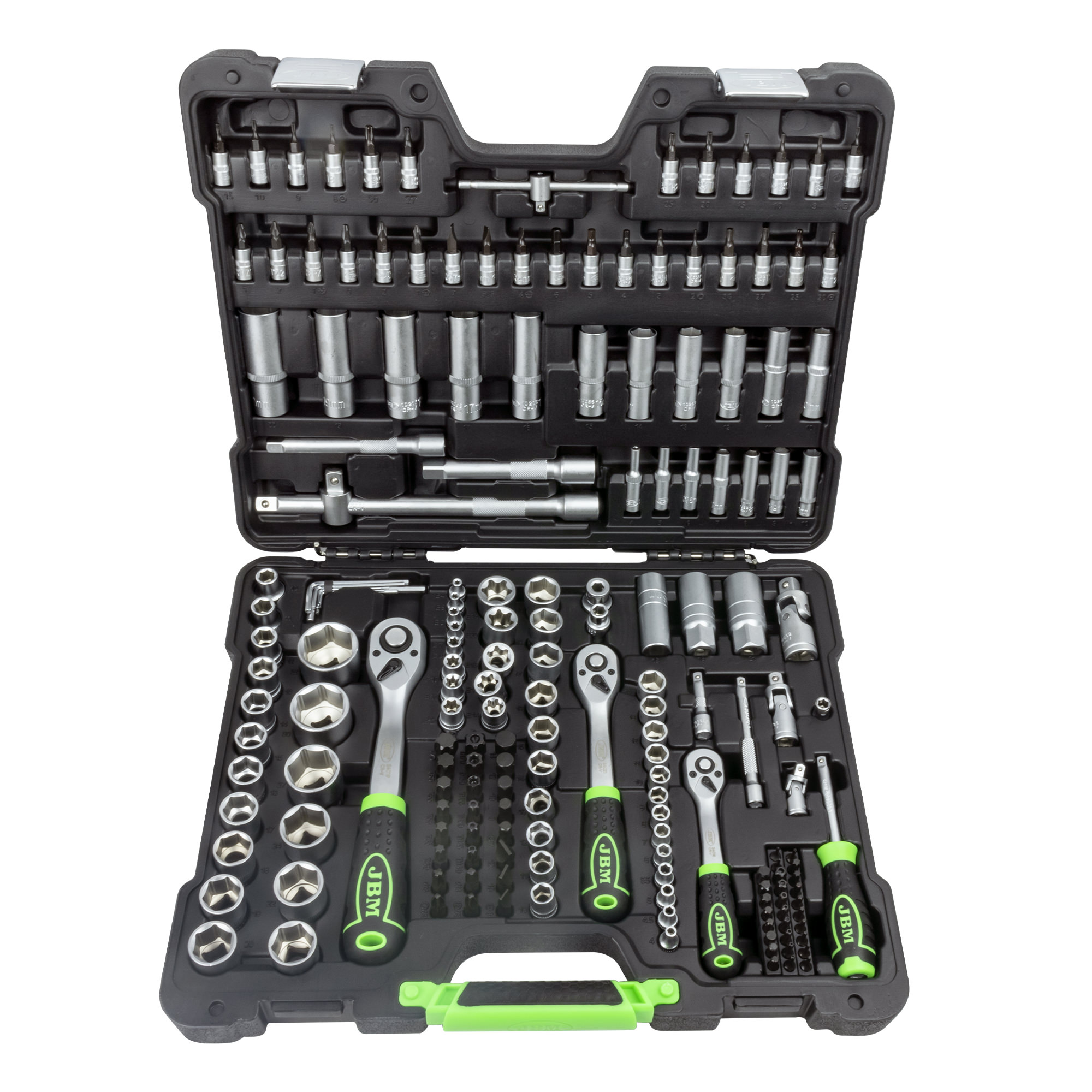 Maletín de herramientas JBM de 179 piezas con vasos hexagonales de 1/4", 3/8" y 1/2" en maletín cincado.