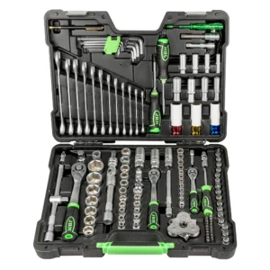 Maletín de herramientas JBM de 132 piezas con vasos hexagonales de 1/4", 3/8" y 1/2" en maletín cincado.