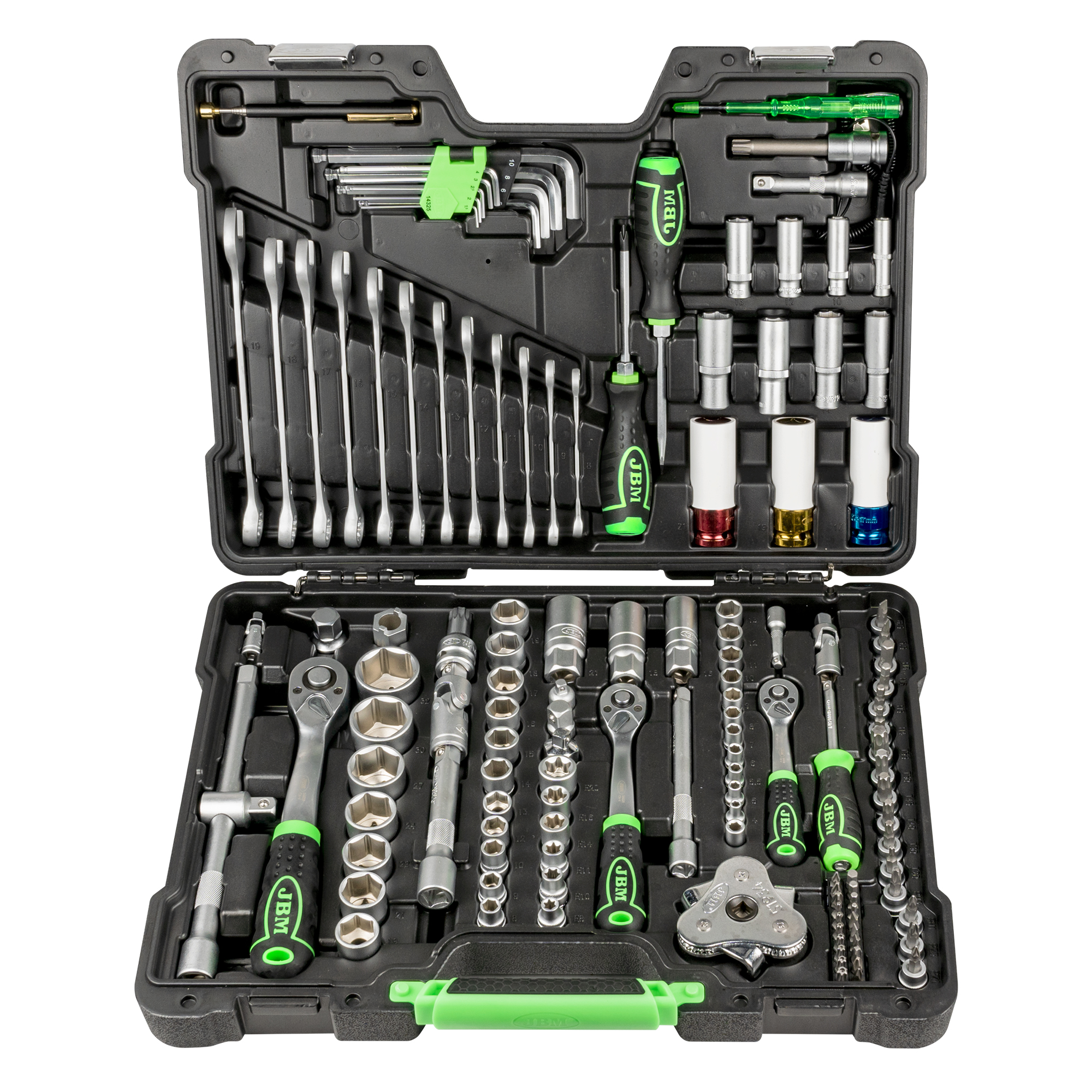 Maletín de herramientas JBM de 132 piezas con vasos hexagonales de 1/4", 3/8" y 1/2" en maletín cincado.