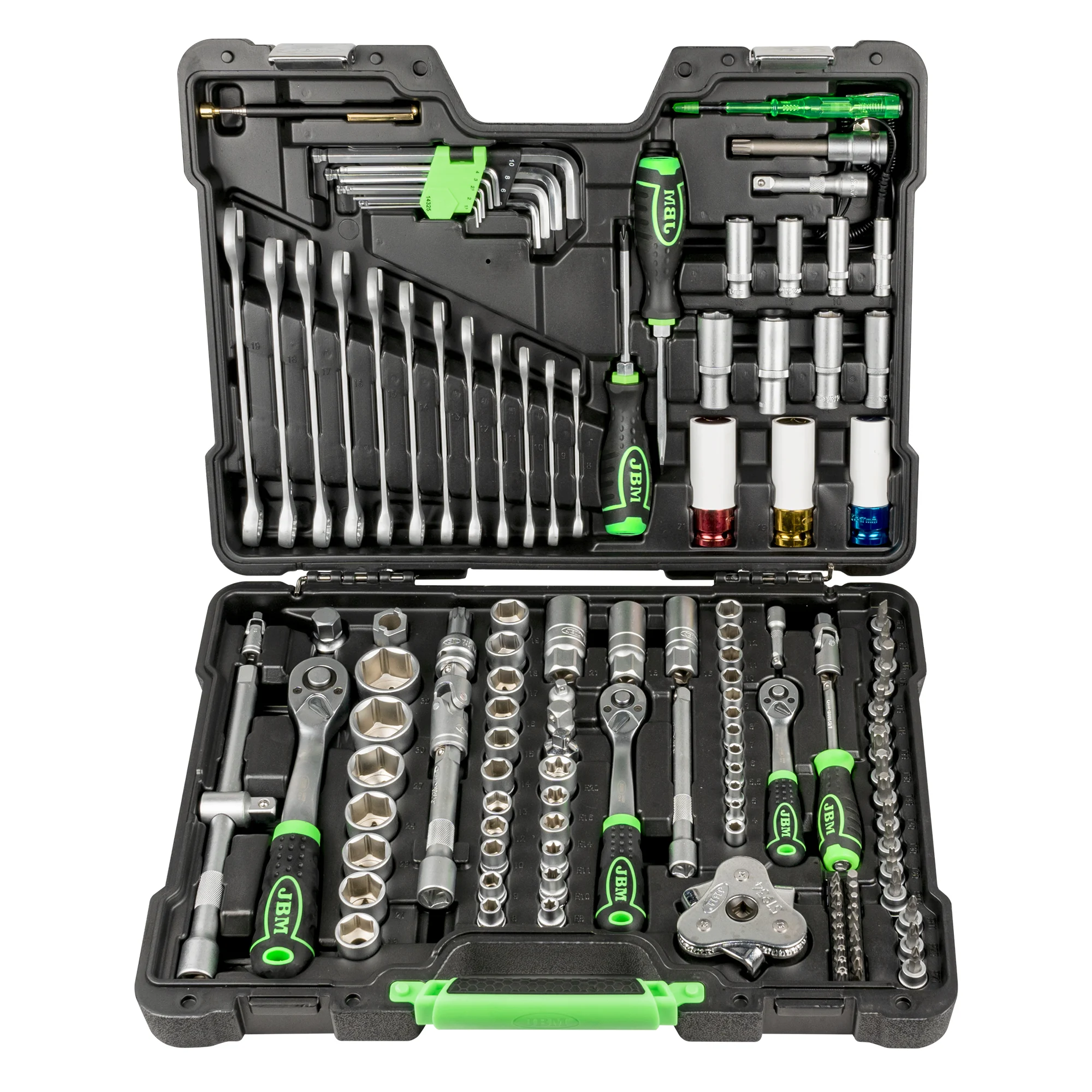 Maletín de herramientas JBM de 132 piezas con vasos hexagonales de 1/4", 3/8" y 1/2" en maletín cincado.