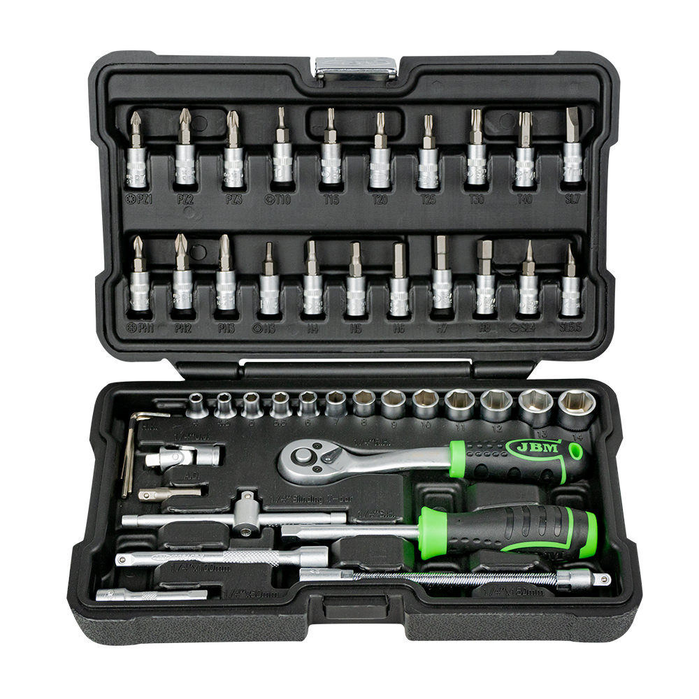 JBM Estuche de herramientas de 46 piezas con vasos hexagonales de 1/4 cincado