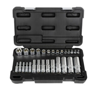 JBM Set de 28 vasos torx cortos y largos de 1/2, 1/4 y 3/8 cincado