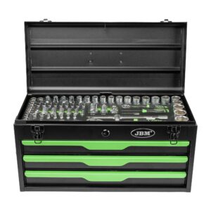 Caja metálica de herramientas JBM de 143 piezas con vasos hexagonales de 1/4" y 1/2".