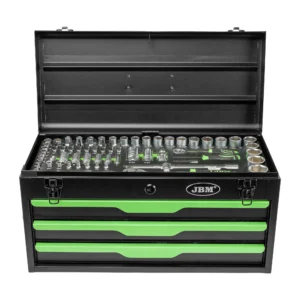 Caja metálica de herramientas JBM de 143 piezas con vasos hexagonales de 1/4" y 1/2".