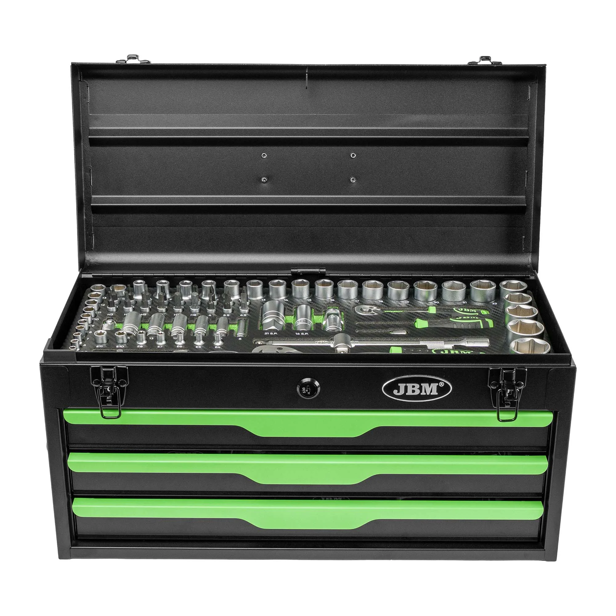 Caja metálica de herramientas JBM de 143 piezas con vasos hexagonales de 1/4" y 1/2".