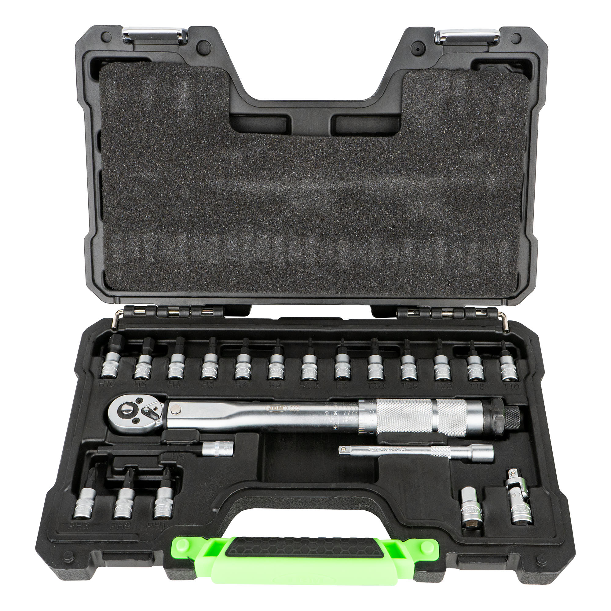 Estuche de 21 puntas y adaptadores de 1/4" con llave dinamométrica JBM.
