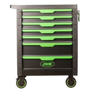 Carro de herramientas JBM de 7 cajones verde armado con panel perforado lateral.