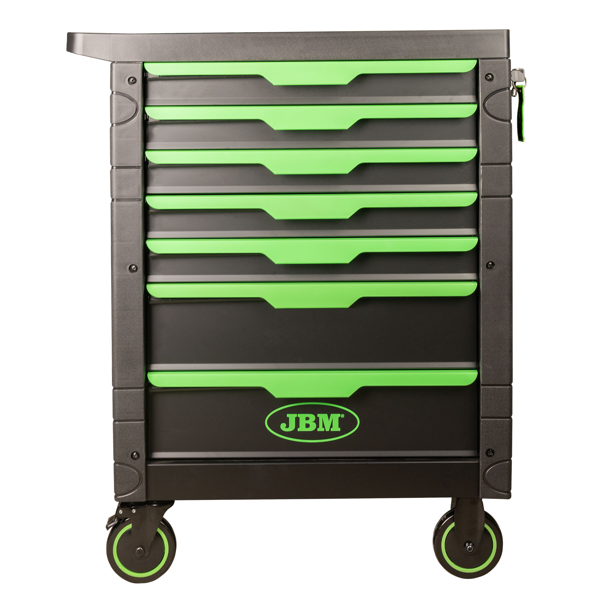 Carro de herramientas JBM de 7 cajones verde armado con panel perforado lateral.