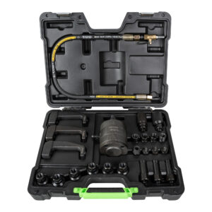Extractor de inyectores neumático JBM con adaptadores y garras.