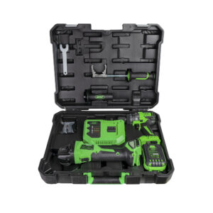 Kit de amoladora angular y taladro percutor a batería JBM con maletín.