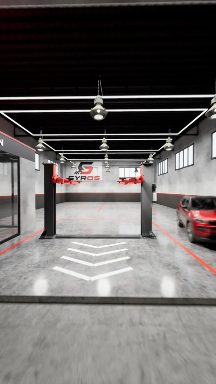 Diseño 3D de un taller a medida con elevador de 2 columnas Königstein