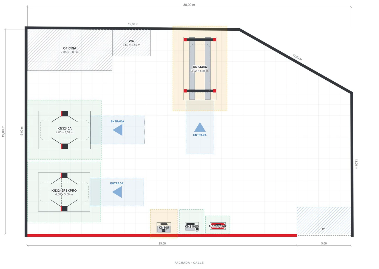 Plano de un taller de 30 × 19 m hecho con el configurador de Syros: tres elevadores, desmontadora, equilibradora, compresor, oficina y aseo, con todas las cotas