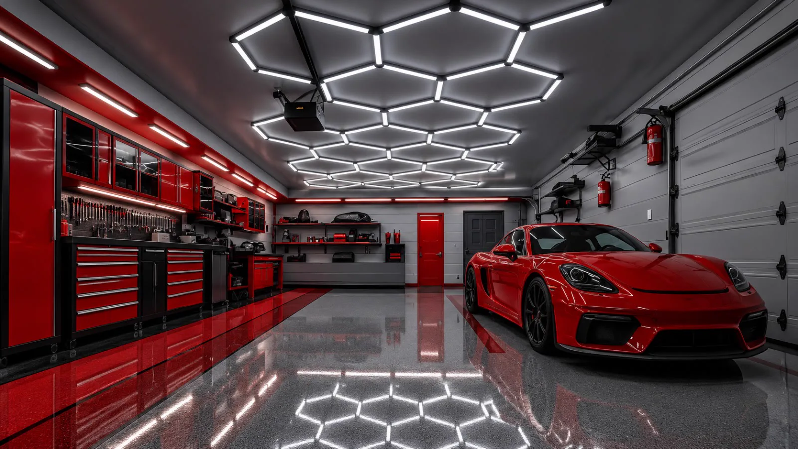 Taller equipado llave en mano con mobiliario rojo, iluminación LED hexagonal y suelo gris brillante